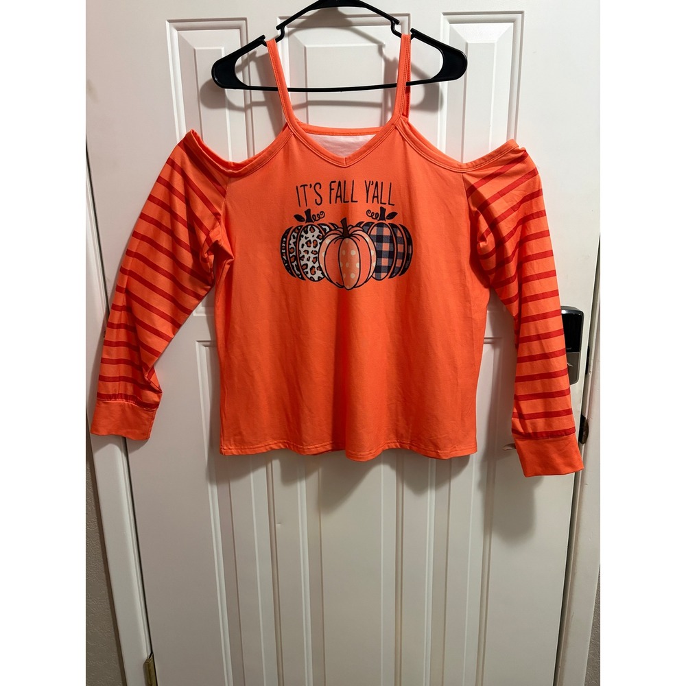Festive Fall Halloween Pumpkin Cold Shoulder Long Sleeve Top XXL Striped Graphic